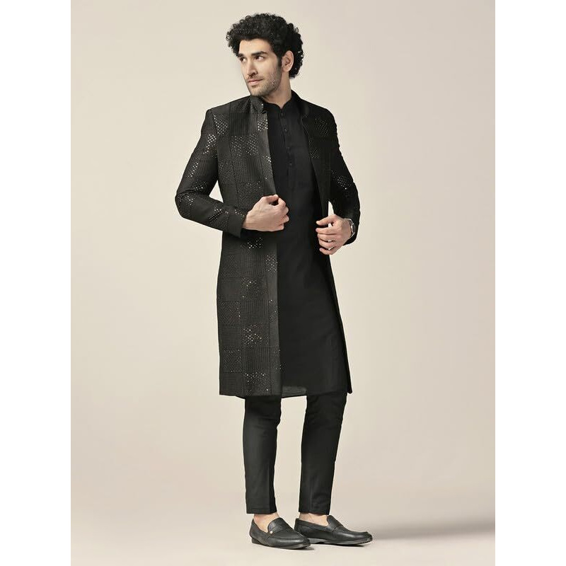 Kisah Sherwani Set For Men  Silk Blend Textured Indo Western Sherwani With Kurta And Trouser | Designer Ethnic Outfit For Weddings & Festivals, Black, 40