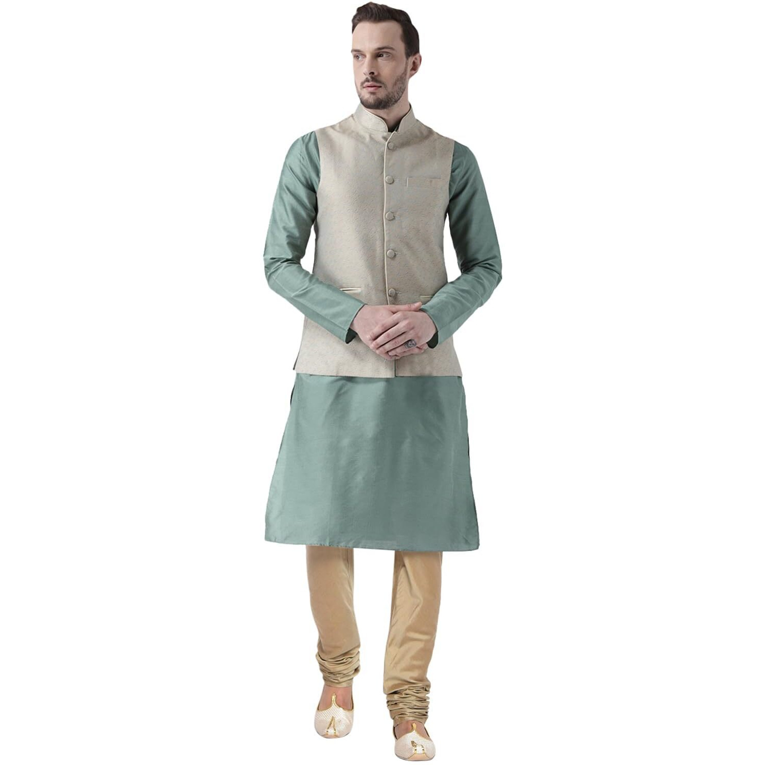 Kisah Men Green Kurta With Churidar Jacket, Full Sleaves, Knee Length, Straight, Regular Fit, Mandarin Collar Ethnic Wear