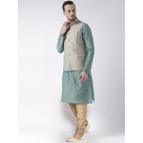 Kisah Men Green Kurta With Churidar Jacket, Full Sleaves, Knee Length, Straight, Regular Fit, Mandarin Collar Ethnic Wear