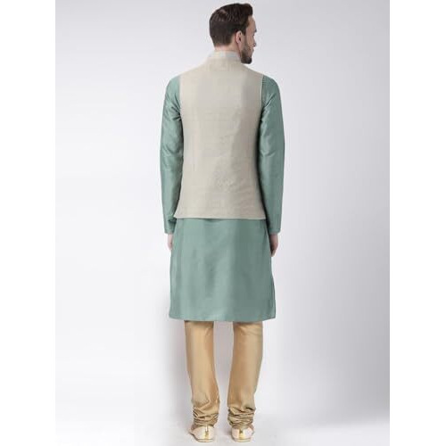 Kisah Men Green Kurta With Churidar Jacket, Full Sleaves, Knee Length, Straight, Regular Fit, Mandarin Collar Ethnic Wear