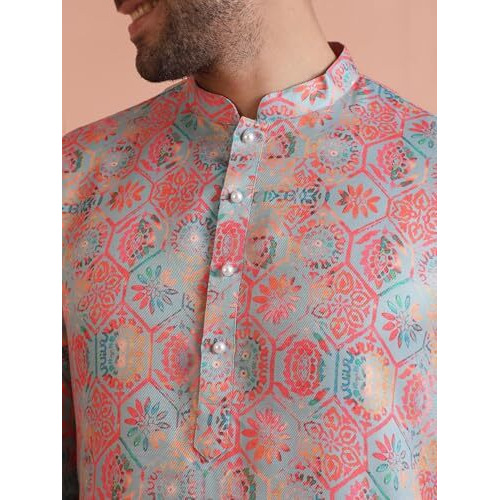 Kisah Men's Kurta, Multi Cotton, Floral Regular Fit Long Sleeves Mandarin Collar (L) Multicolour