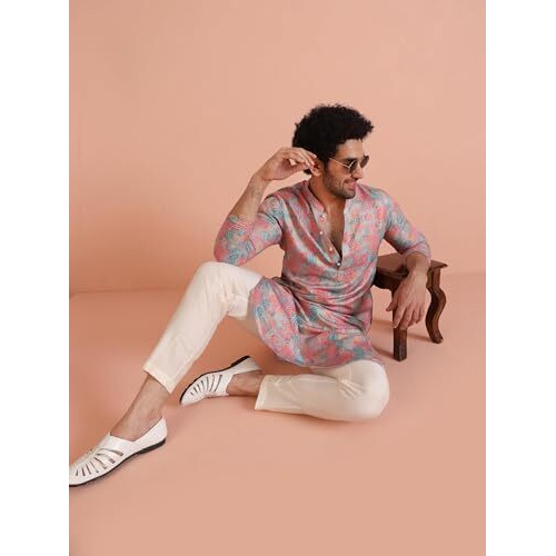 Kisah Men's Kurta, Multi Cotton, Floral Regular Fit Long Sleeves Mandarin Collar (L) Multicolour