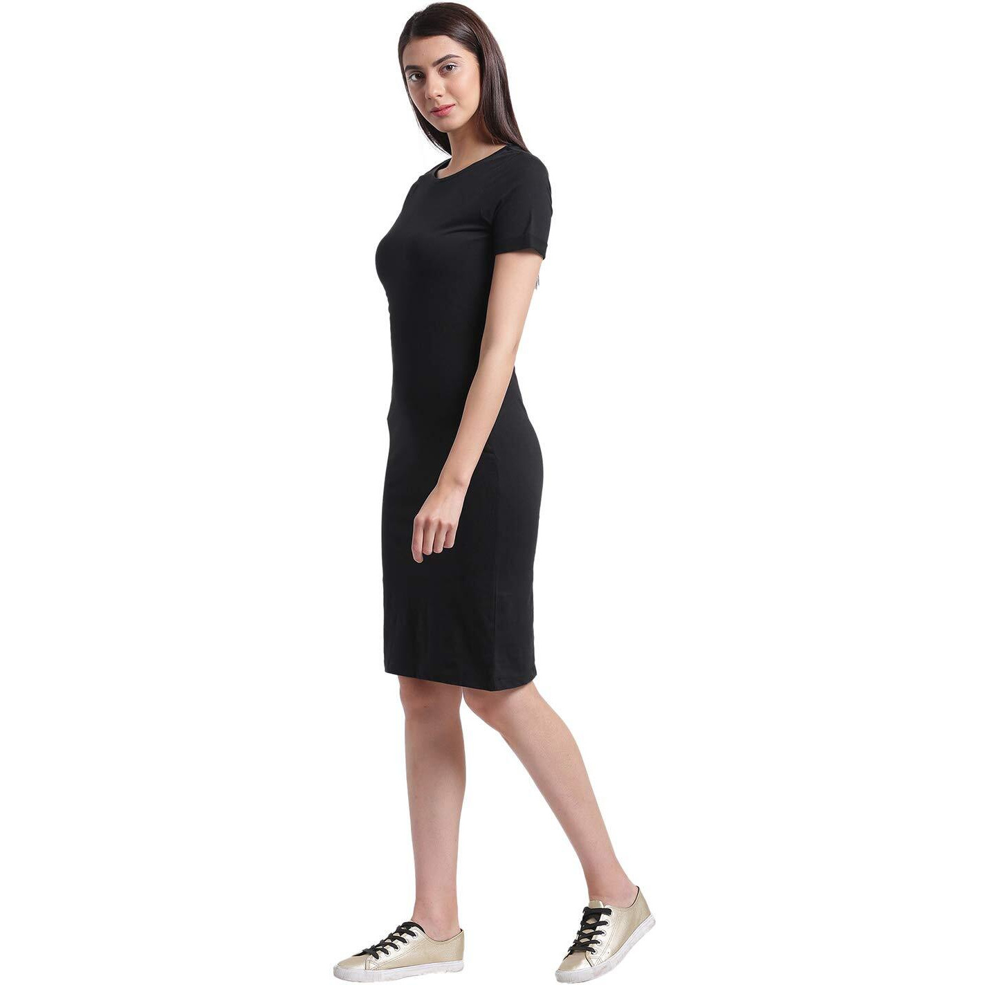 Rigo Women's Bodycon Knee Length Cotton Half Sleeves Round Neck Black Dress (Wdrs108-1011_S_Black_Small)