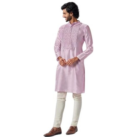 Kisah Men's Kurta, Lavender Art Silk, Embroidered Regular Fit Mandarin Collar Long Sleeves (S)