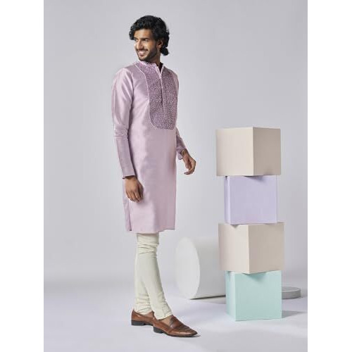 Kisah Men's Kurta, Lavender Art Silk, Embroidered Regular Fit Mandarin Collar Long Sleeves (S)