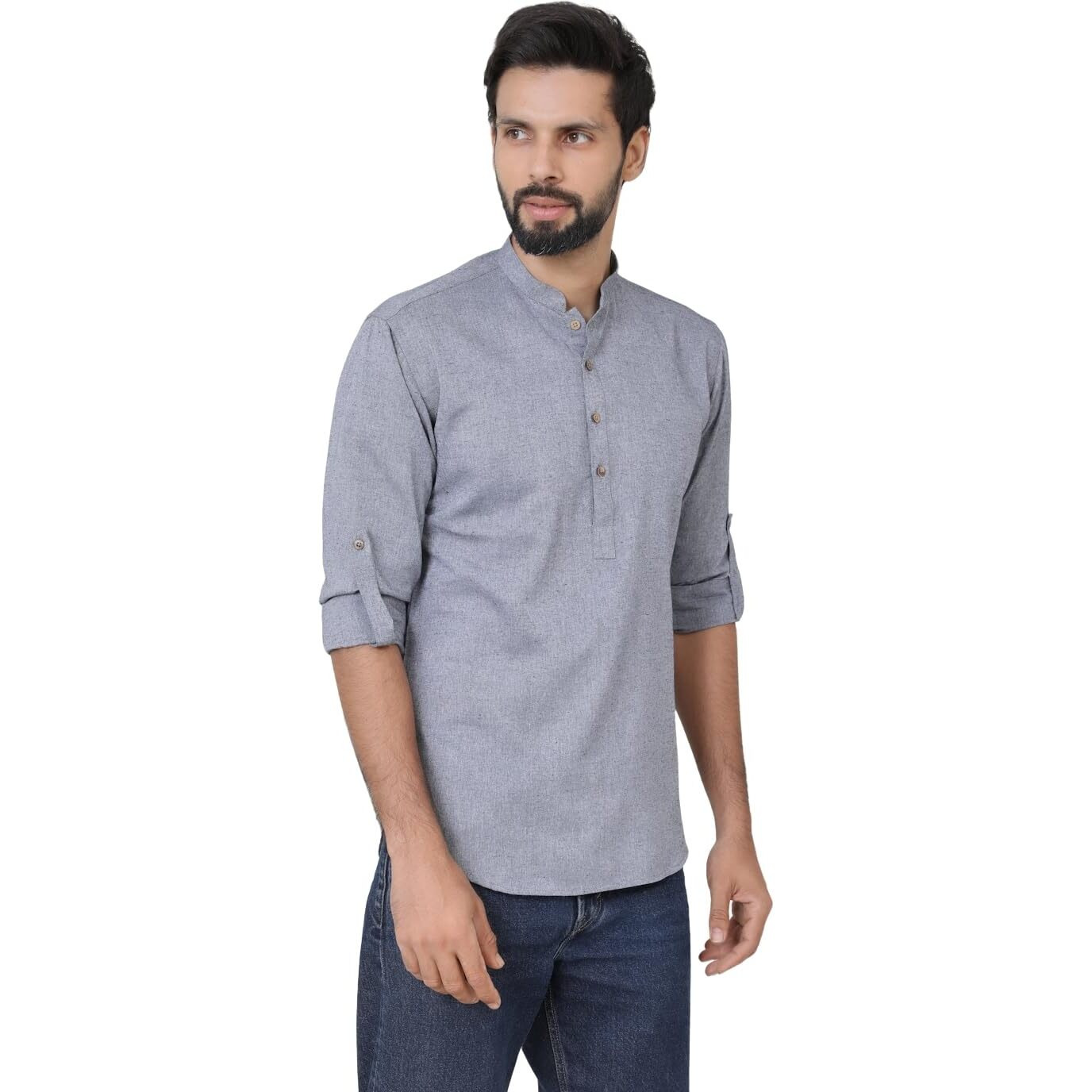 See Designs Men's Roll-Up Sleeve Mandarin Collar Men Gray Pure Cotton Short Kurta - Sdkt2976M