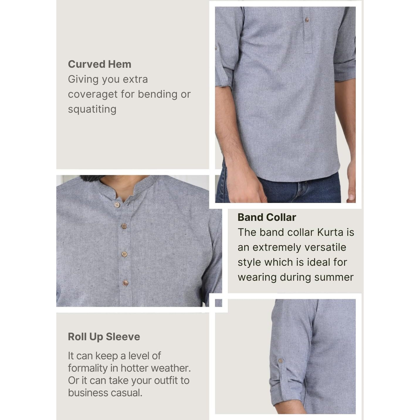 See Designs Men's Roll-Up Sleeve Mandarin Collar Men Gray Pure Cotton Short Kurta - Sdkt2976M