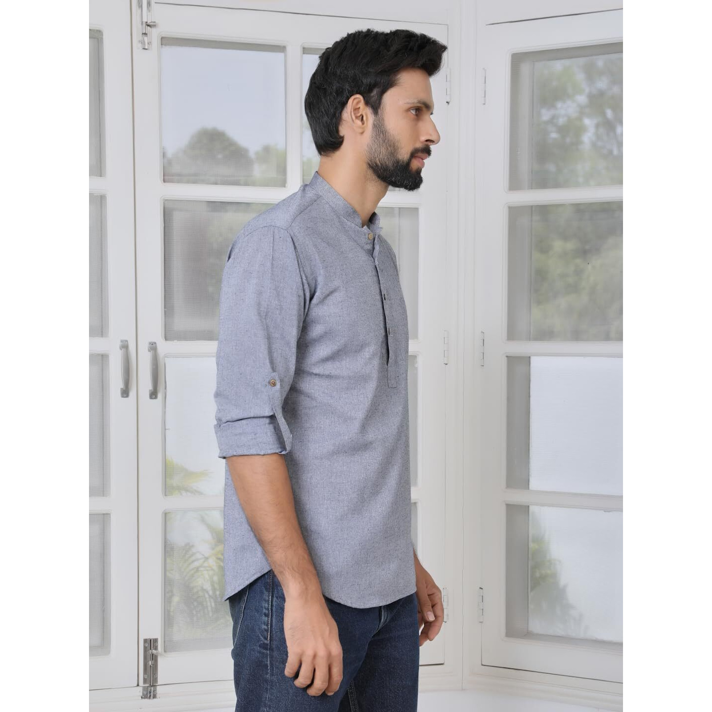 See Designs Men's Roll-Up Sleeve Mandarin Collar Men Gray Pure Cotton Short Kurta - Sdkt2976M