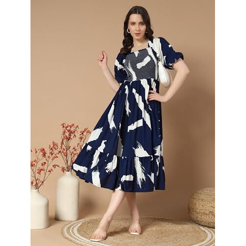 Kzully Women's Crepe A-Line Midi Dress (1001-Brush-Navy Blue-Xxl_Dark