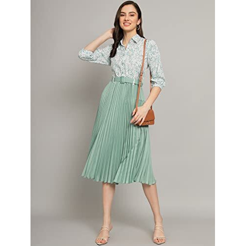 Kzully Women's Print 3/4 Sleeve Pleated Midi Dress With Belt Pista