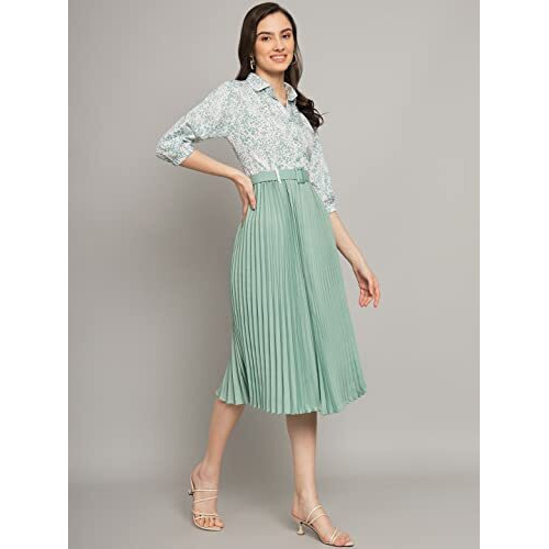 Kzully Women's Print 3/4 Sleeve Pleated Midi Dress With Belt Pista
