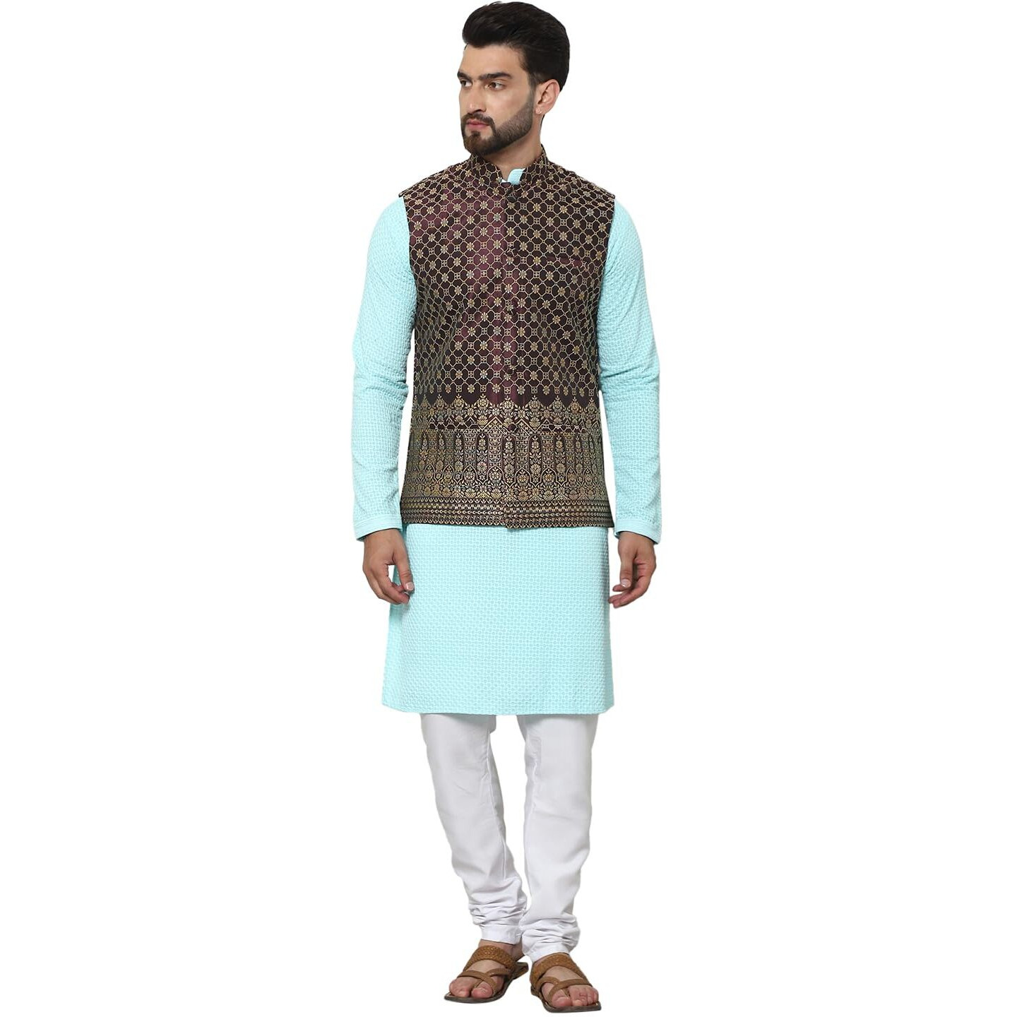 Sojanya (Since 1958 Men's Pure Cotton Sky Blue Kurta And White Pyjama With Wine Nehru Jacket