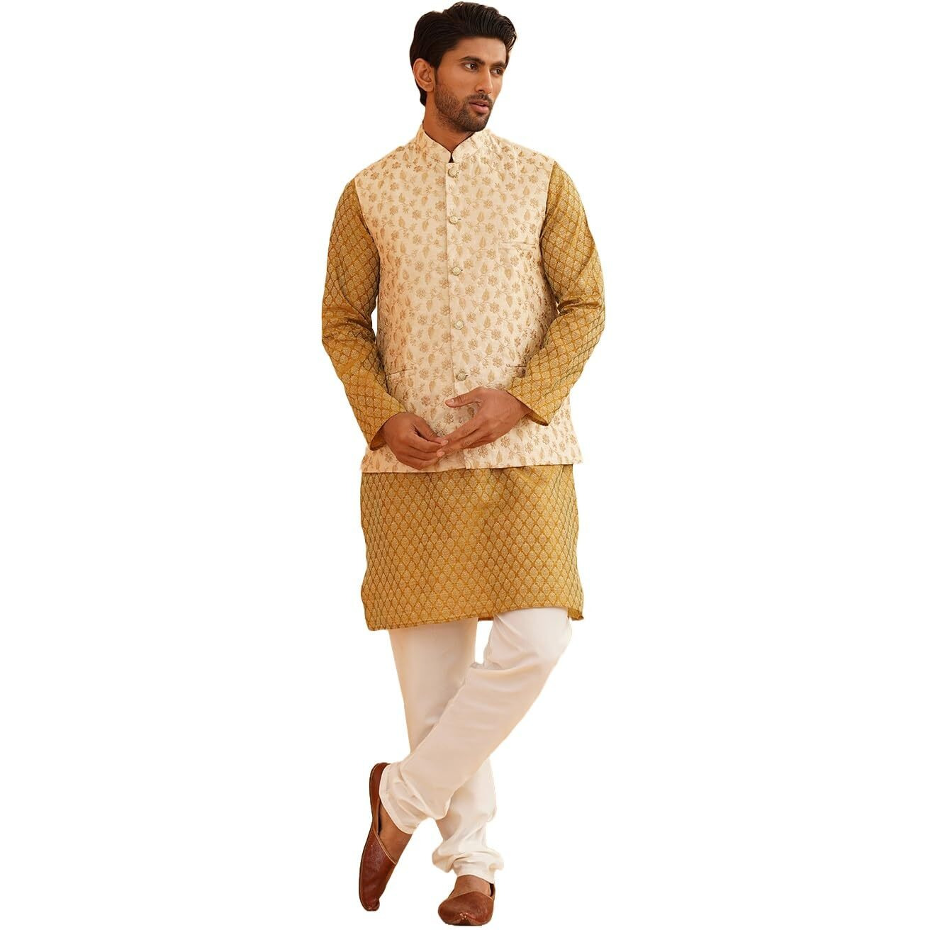 Sojanya (Since 1958 Men's Silk Blend Self Design Mustard Kurta With Pyjama & Beige Nehru Jacket