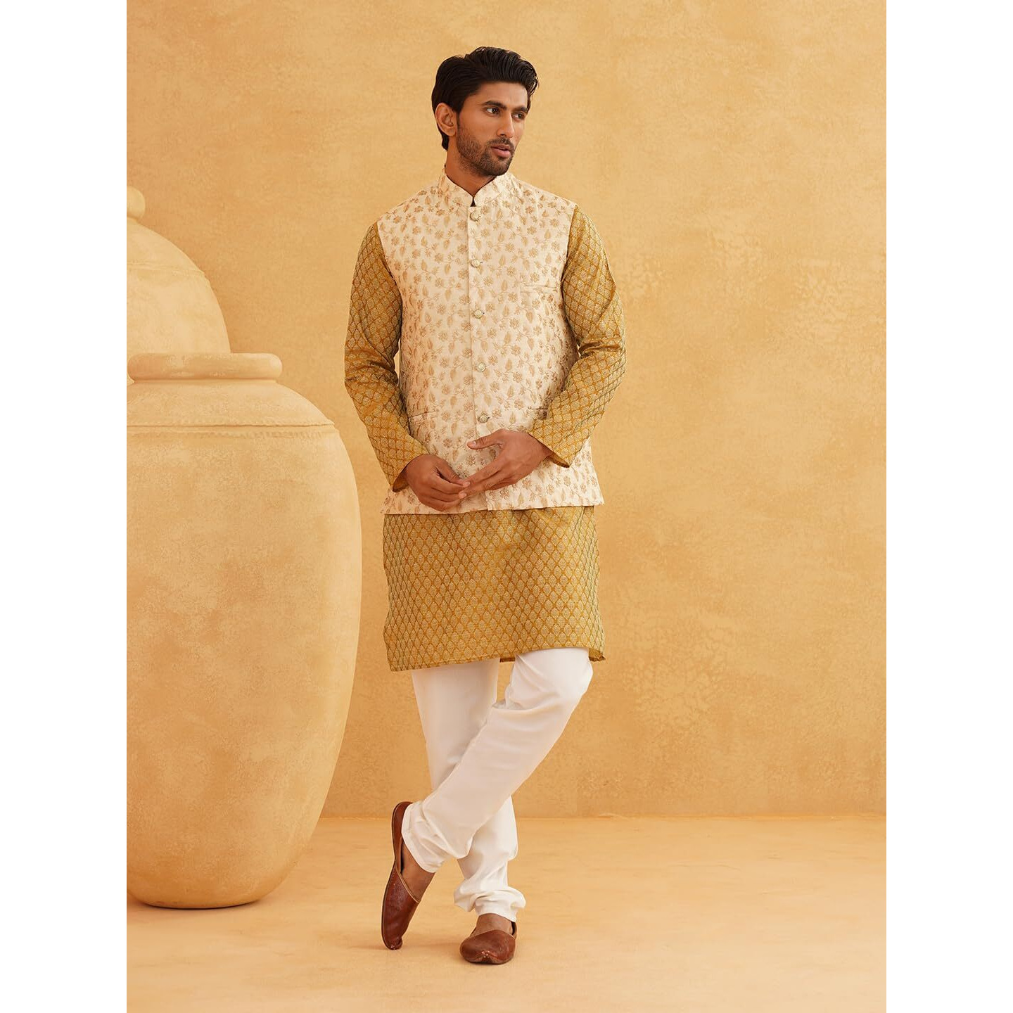 Sojanya (Since 1958 Men's Silk Blend Self Design Mustard Kurta With Pyjama & Beige Nehru Jacket