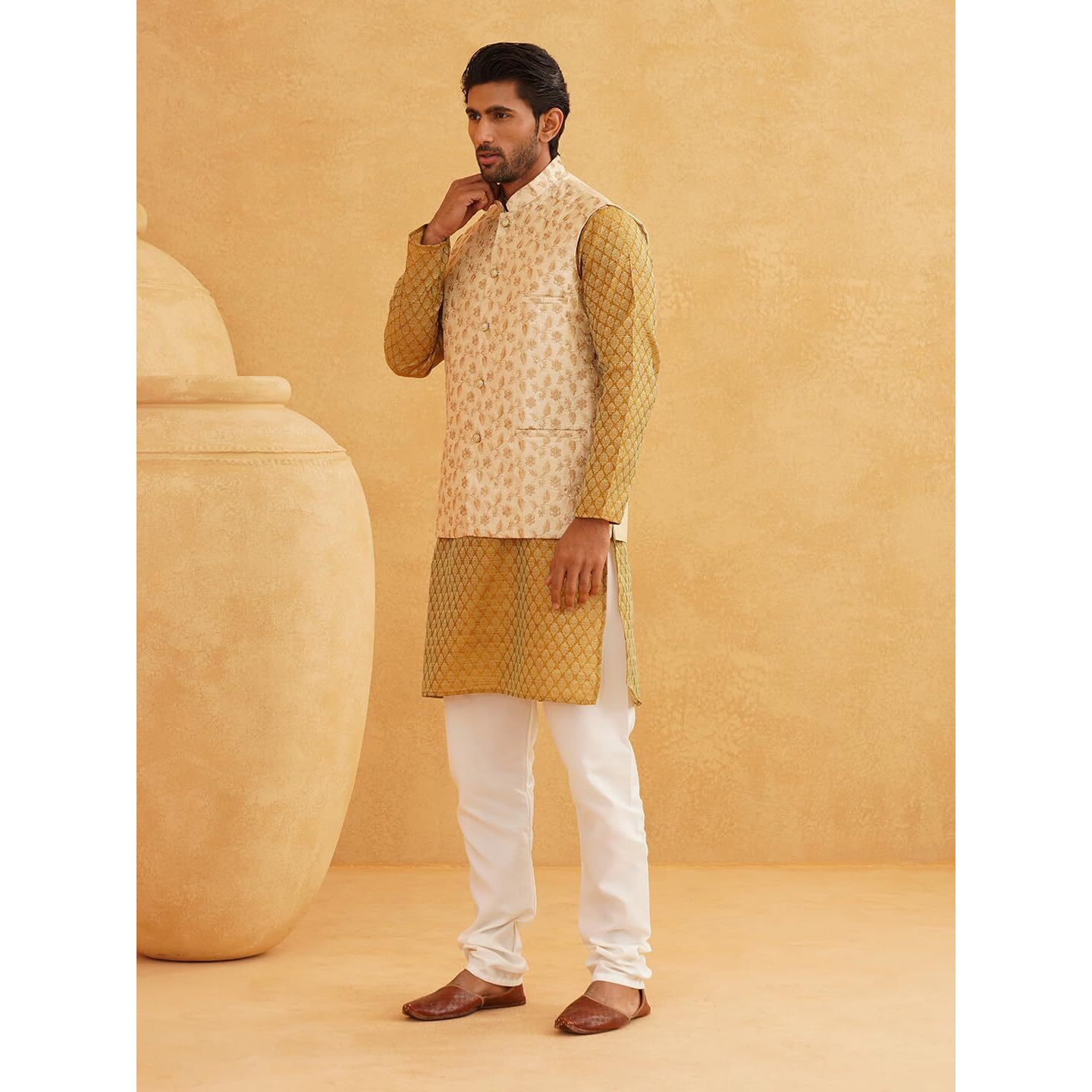 Sojanya (Since 1958 Men's Silk Blend Self Design Mustard Kurta With Pyjama & Beige Nehru Jacket