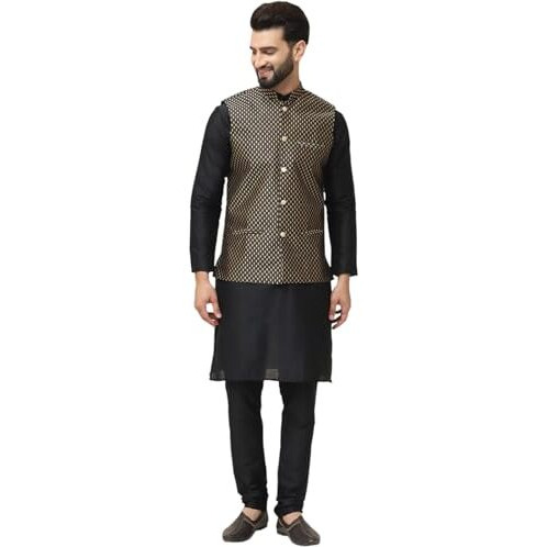 Sojanya (Since 1958 Men's Silk Blend Black Kurta Pyjama & Black Self Design Nehru Jacket Combo