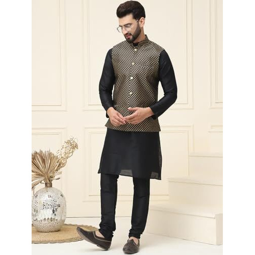 Sojanya (Since 1958 Men's Silk Blend Black Kurta Pyjama & Black Self Design Nehru Jacket Combo