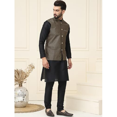 Sojanya (Since 1958 Men's Silk Blend Black Kurta Pyjama & Black Self Design Nehru Jacket Combo