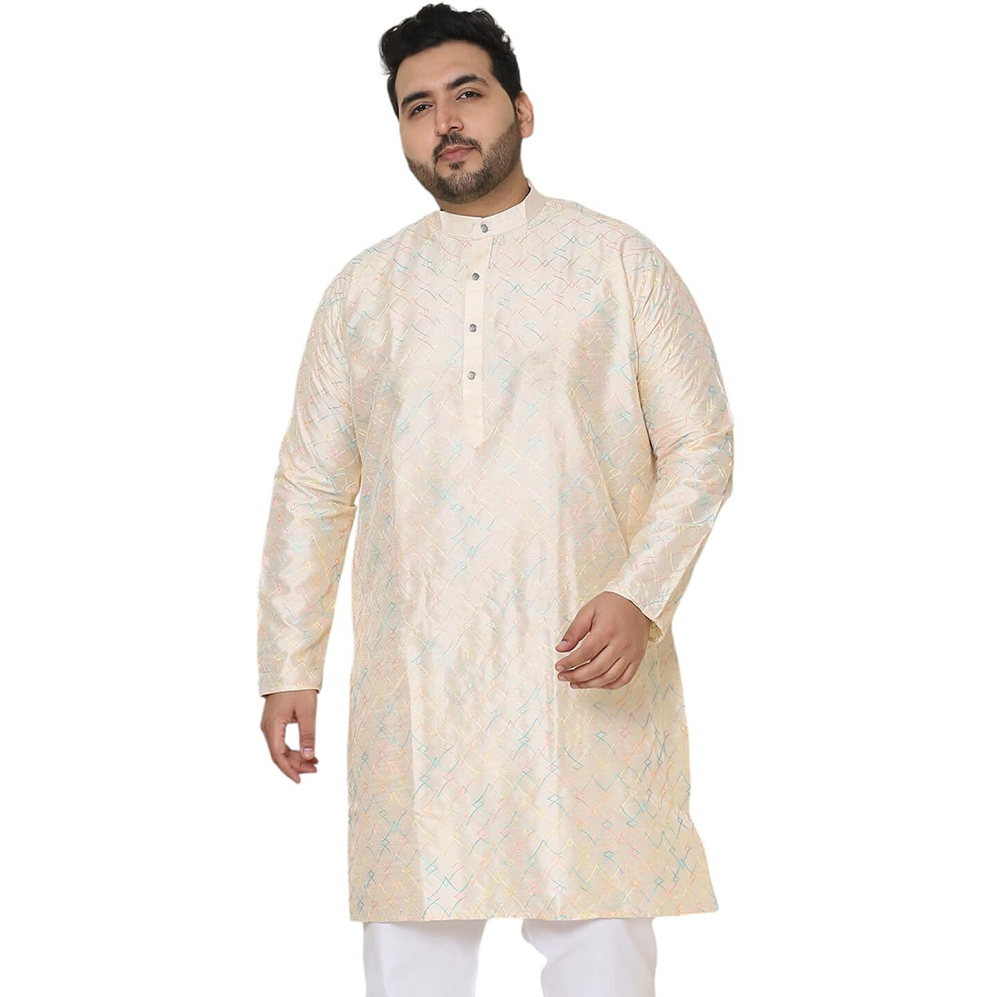Sojanya Plus(Since 1958) Men's Cream Silk Blend Long Kurta With Multi Color Embroidery