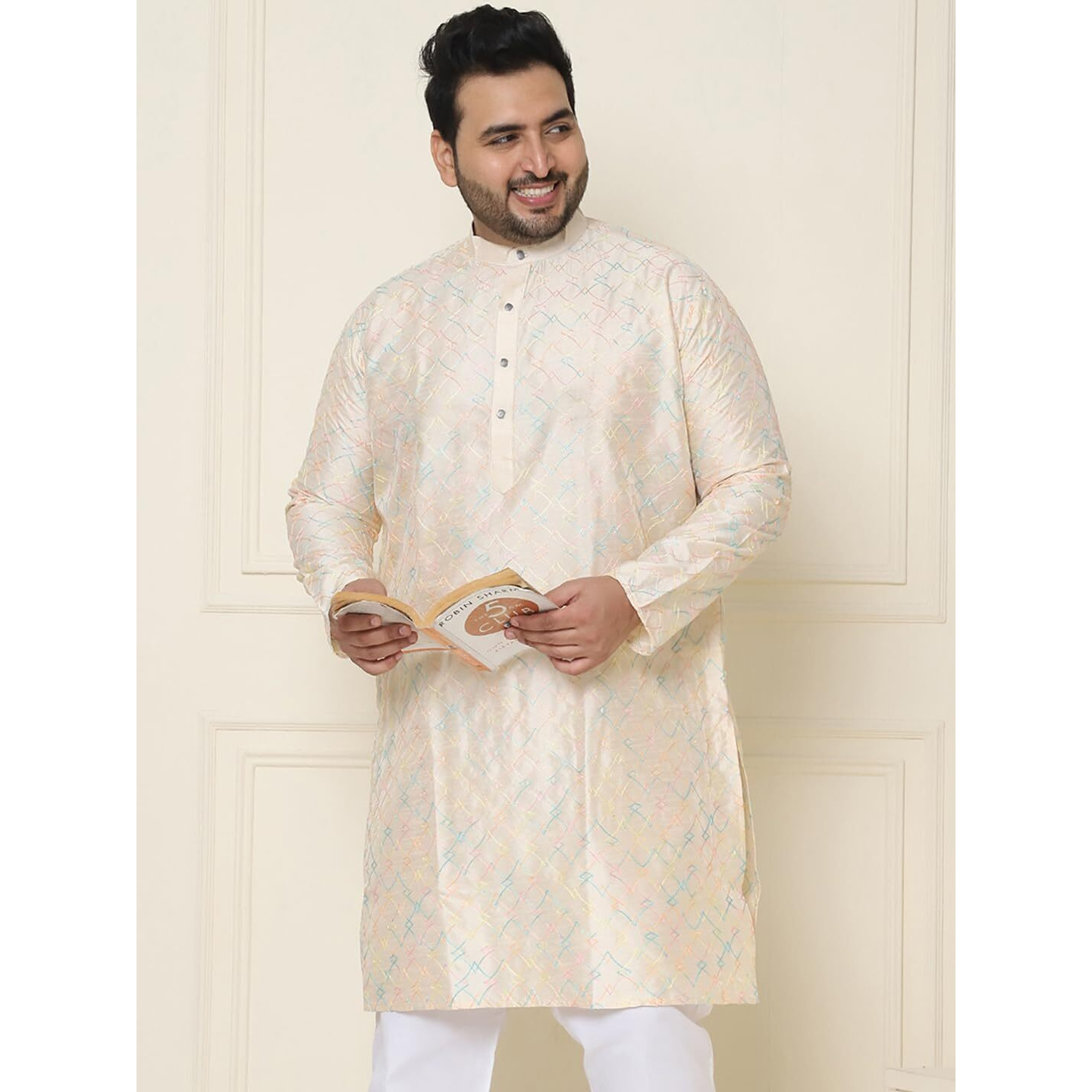 Sojanya Plus(Since 1958) Men's Cream Silk Blend Long Kurta With Multi Color Embroidery
