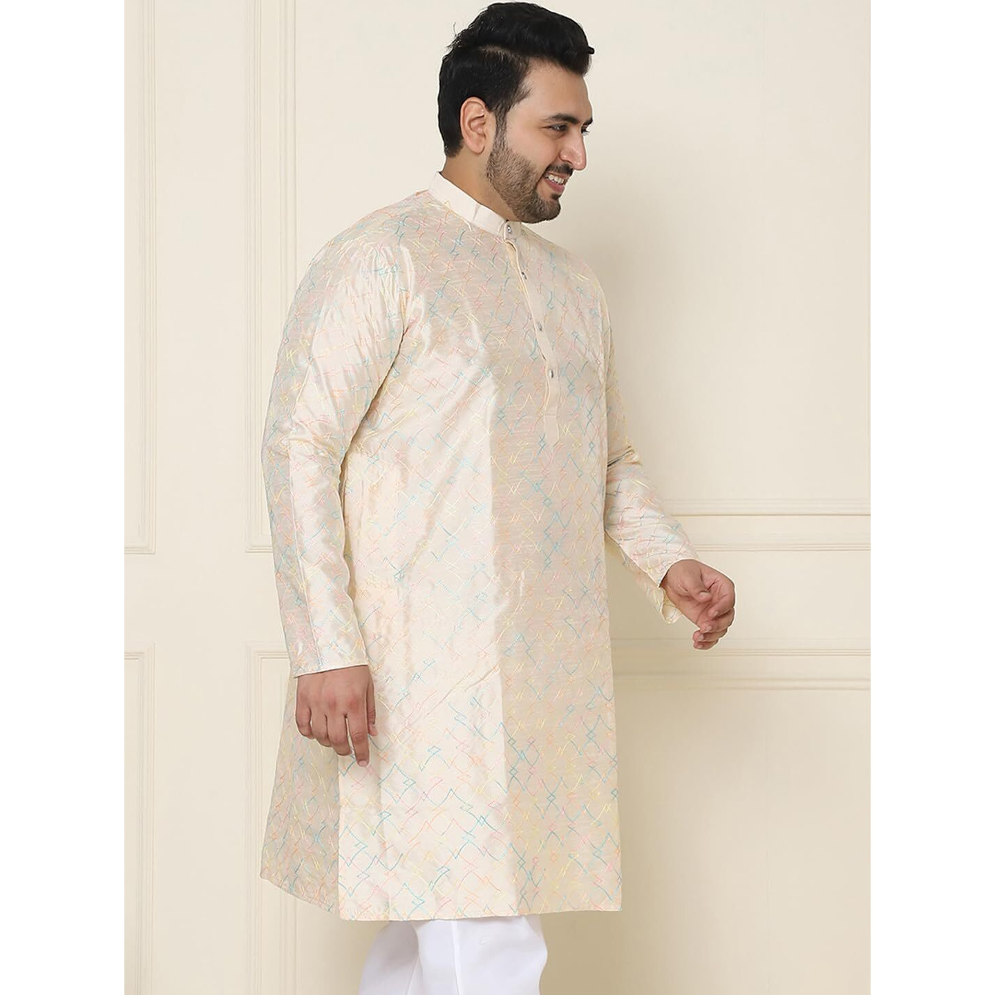 Sojanya Plus(Since 1958) Men's Cream Silk Blend Long Kurta With Multi Color Embroidery