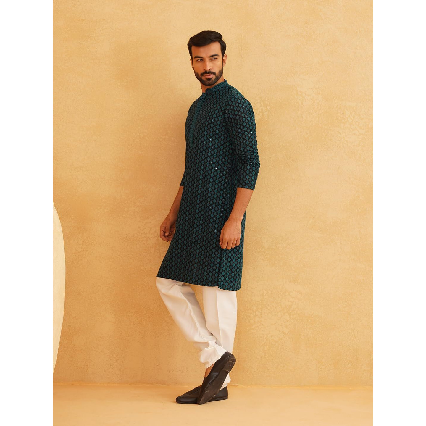Sojanya (Since 1958 Men's Cotton Gold Embroidered Sequinned Teal Kurta With White Churidar Pyjama