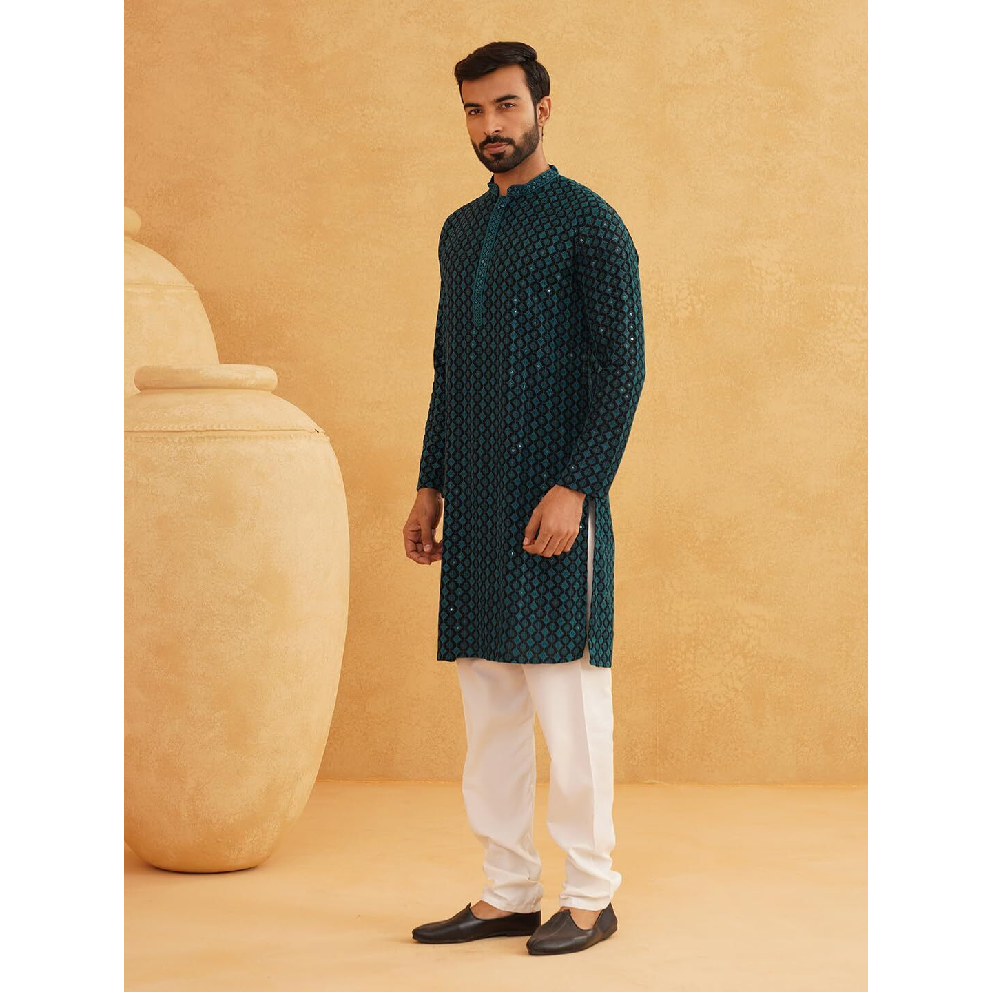 Sojanya (Since 1958 Men's Cotton Gold Embroidered Sequinned Teal Kurta With White Churidar Pyjama