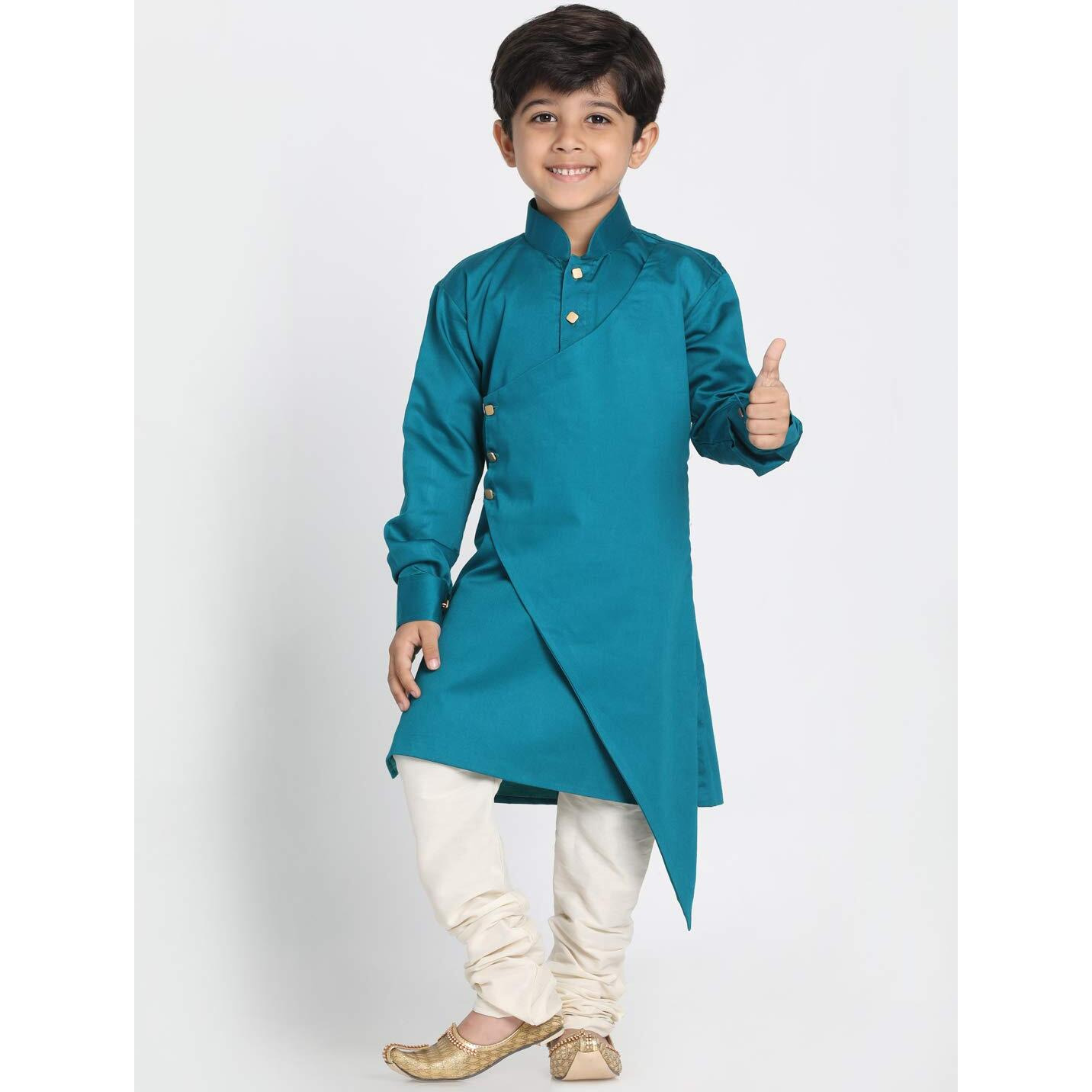 Jbn Creation Boys' Rama And Cream Cotton Satin Blend Kurta And Pyjama Set_Vasbk062Gnnpvcr_20