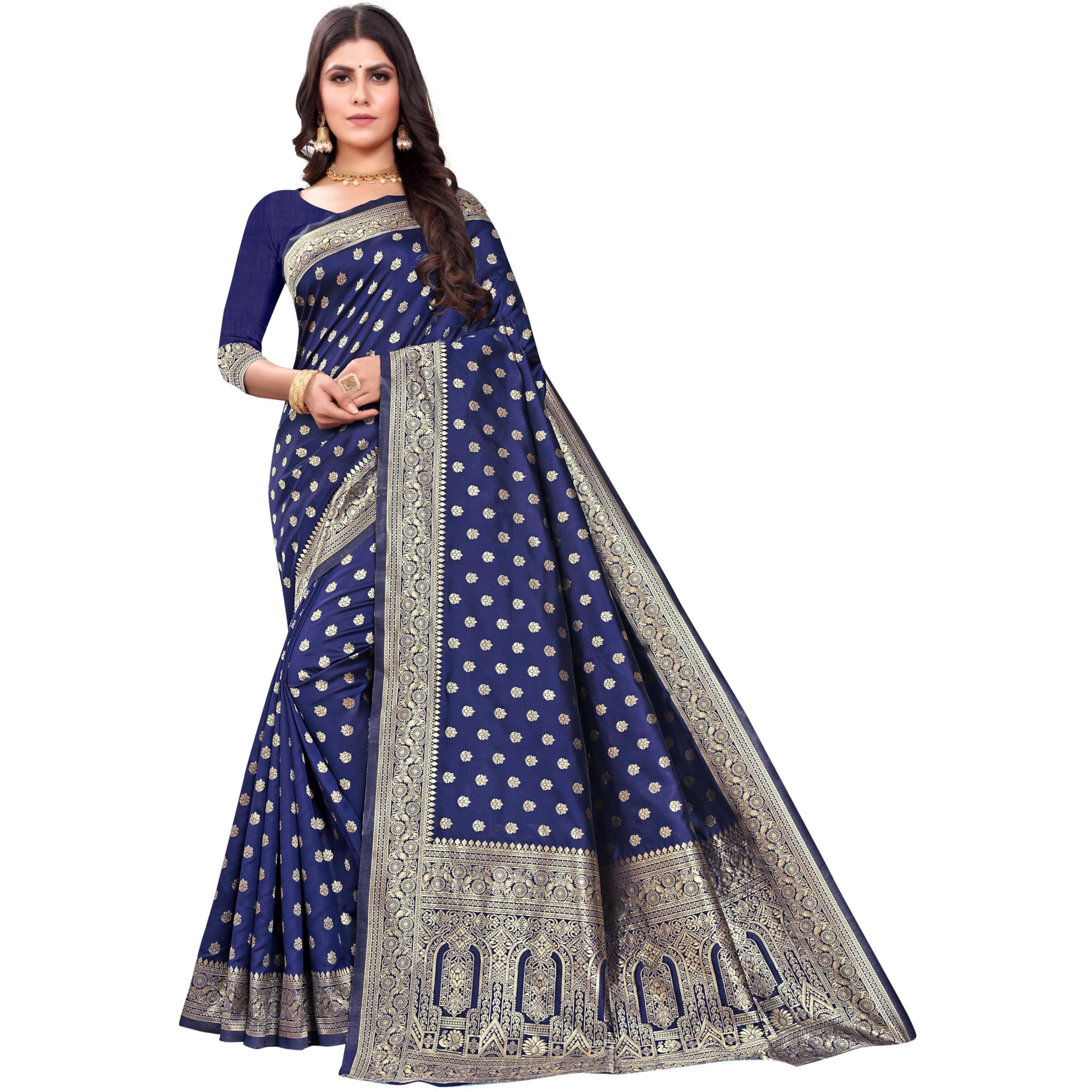 Sugathari Women's Banarasi Saree Pure Kanjivaram Silk Saree Soft New Ladies 2023 Design Wear Sarees Latest Cotton Party Sari Collections With Blouse Piece For Wedding Sadi (Sam Pari-124 Navy Blue)
