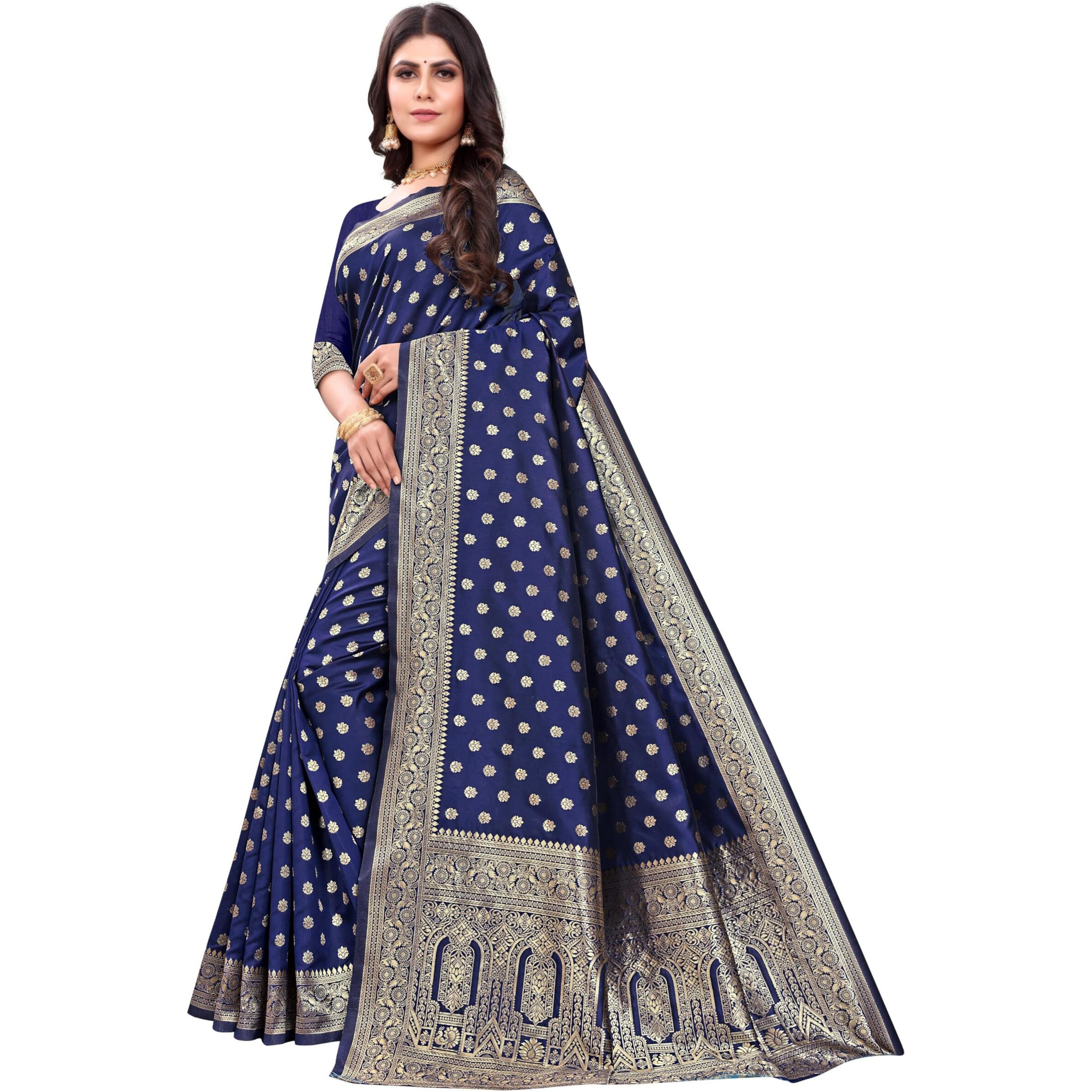 Sugathari Women's Banarasi Saree Pure Kanjivaram Silk Saree Soft New Ladies 2023 Design Wear Sarees Latest Cotton Party Sari Collections With Blouse Piece For Wedding Sadi (Sam Pari-124 Navy Blue)