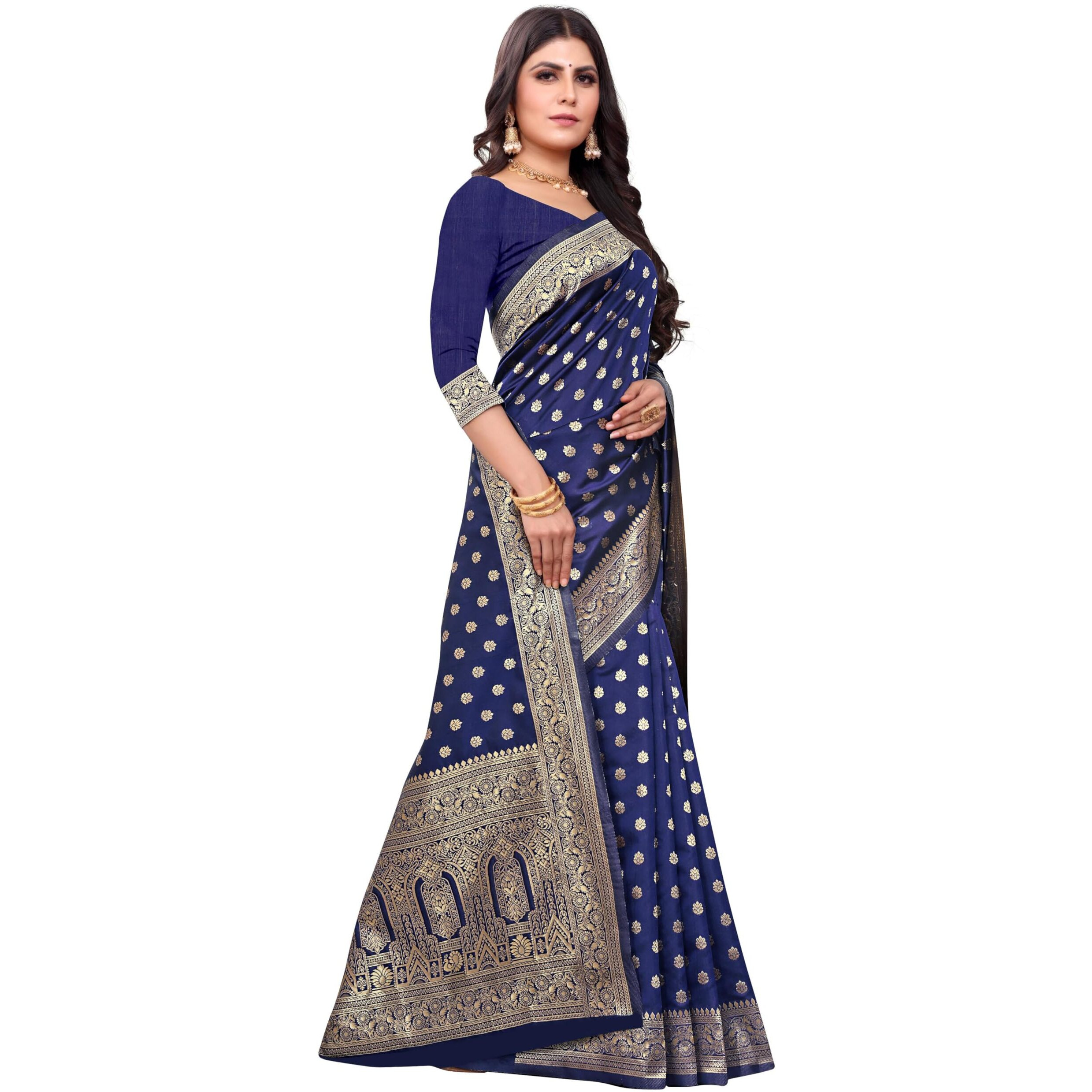 Sugathari Women's Banarasi Saree Pure Kanjivaram Silk Saree Soft New Ladies 2023 Design Wear Sarees Latest Cotton Party Sari Collections With Blouse Piece For Wedding Sadi (Sam Pari-124 Navy Blue)