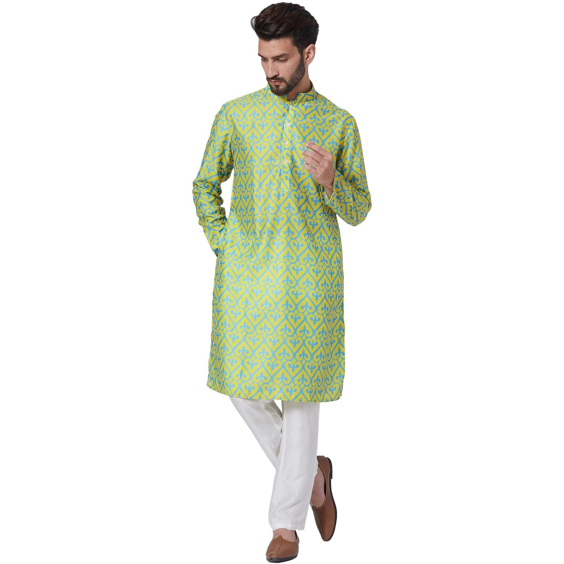 Lookmark Men's Cotton Blend Printed Long Kurta Suitable For All Indian Wedding, Occasions, And Festivals (Az-Lm-Og-Kurta 20-M) Green