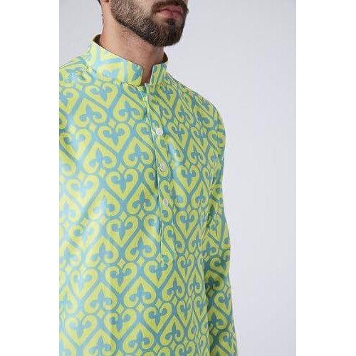 Lookmark Men's Cotton Blend Printed Long Kurta Suitable For All Indian Wedding, Occasions, And Festivals (Az-Lm-Og-Kurta 20-M) Green
