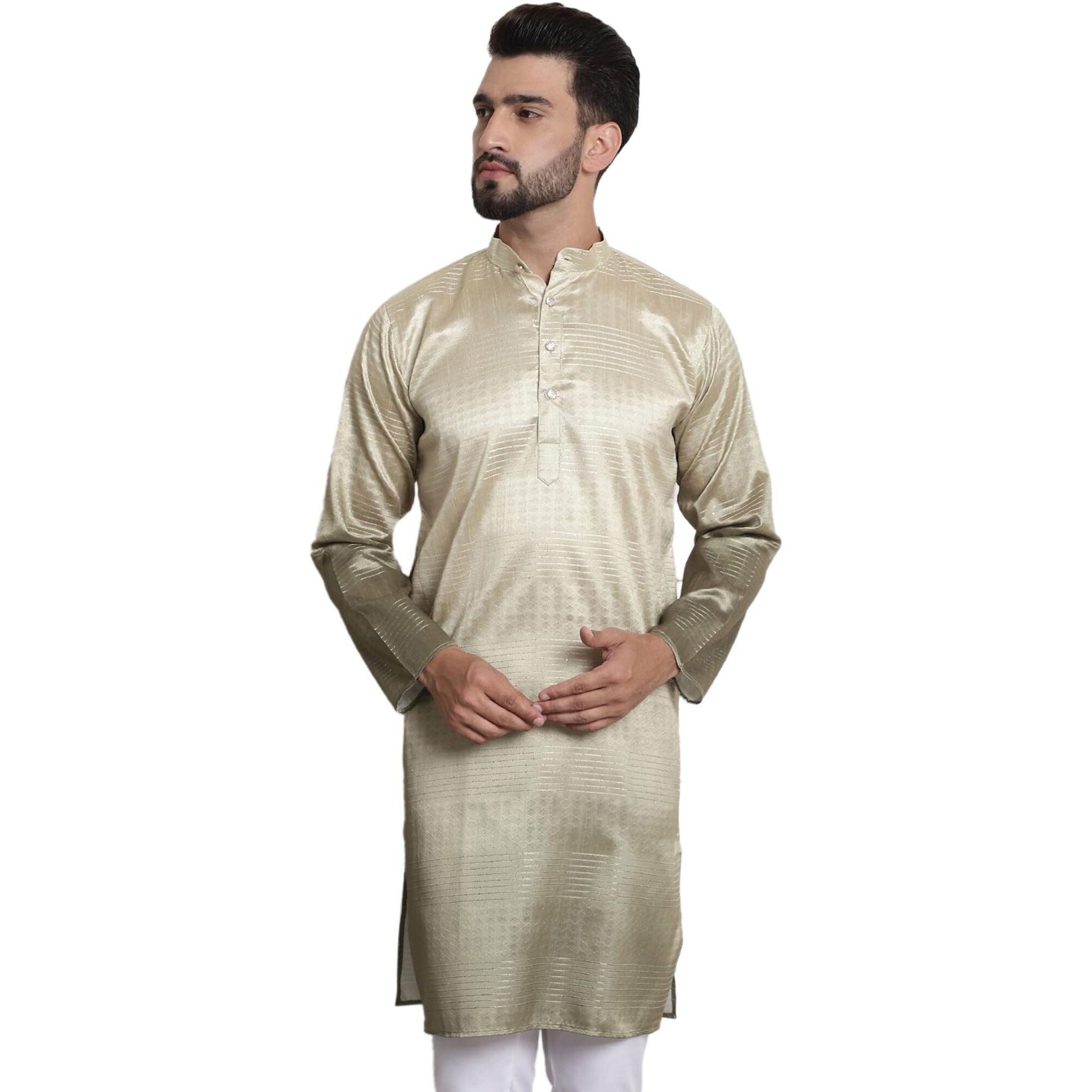 Sojanya (Since 1958 Men's Jacquard Silk Multi Shade Gold Color Kurta With Sequence