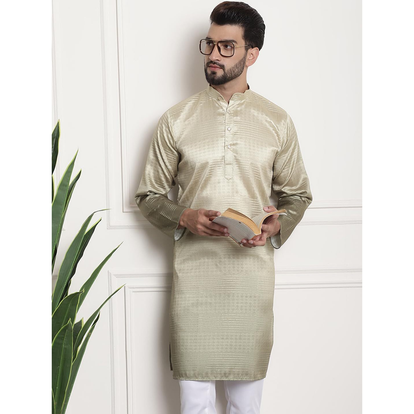 Sojanya (Since 1958 Men's Jacquard Silk Multi Shade Gold Color Kurta With Sequence
