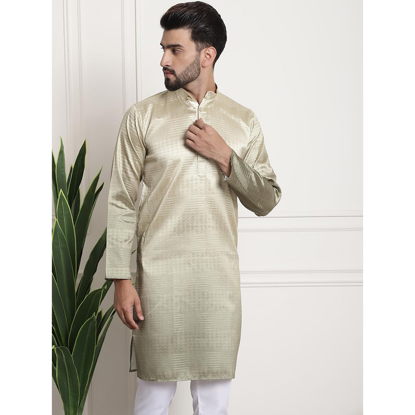Sojanya (Since 1958 Men's Jacquard Silk Multi Shade Gold Color Kurta With Sequence