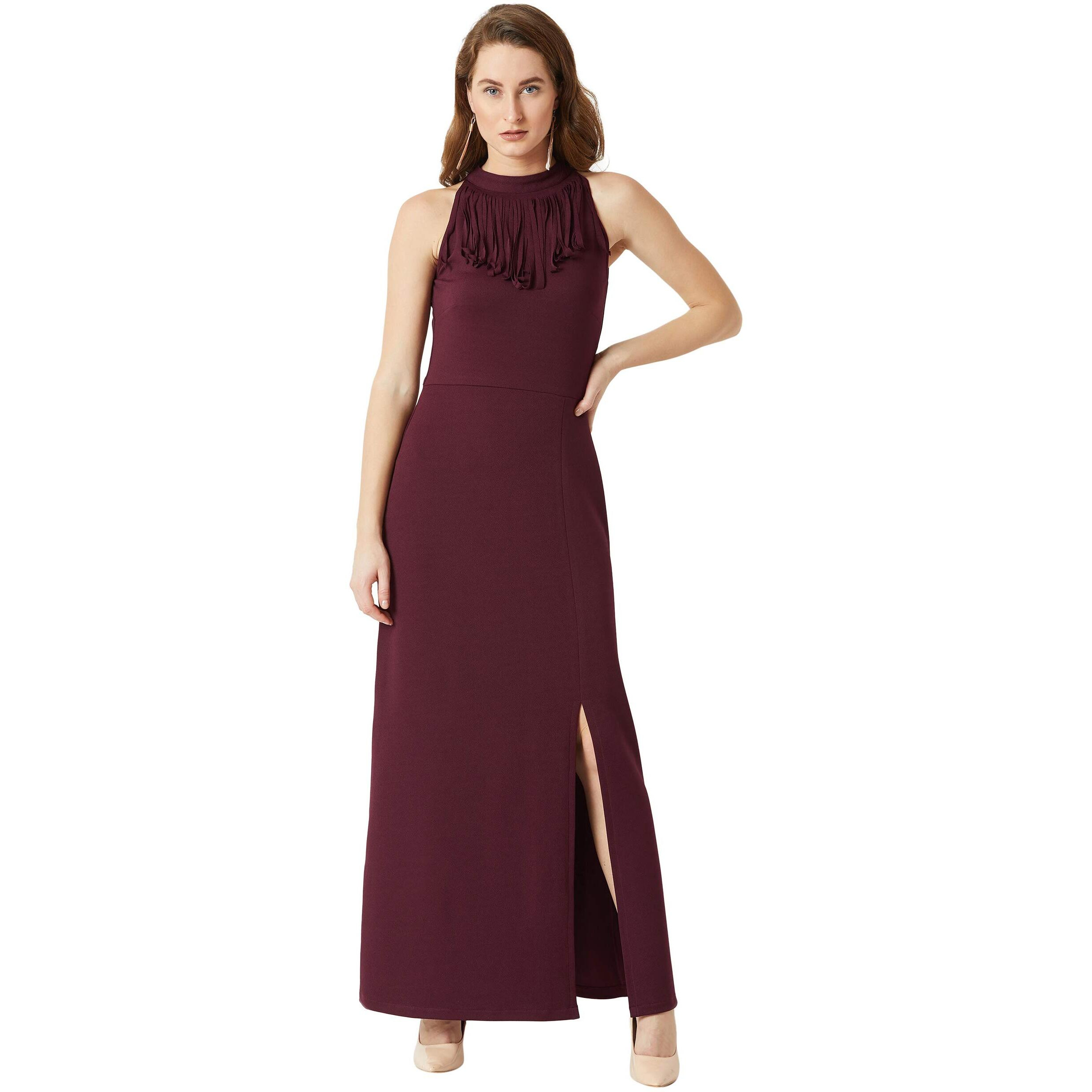Miss Chase Women's Designer Wine Red Halter Neck Sleeveless Solid Maxi Front Slit Dress(Mcaw18D13-04-184-02, Wine Red, X-Small)