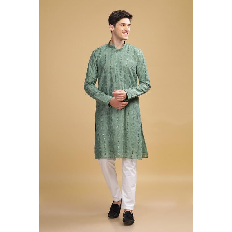 Be Active Men's Traditional Embroidered Lucknowi Design Full Sleeves Kurta || Cotton Kurta For Men || Men Kurta For Wedding || Kurta For Men (Sk0800 1 M) Green