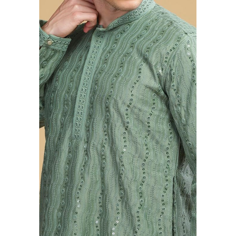 Be Active Men's Traditional Embroidered Lucknowi Design Full Sleeves Kurta || Cotton Kurta For Men || Men Kurta For Wedding || Kurta For Men (Sk0800 1 M) Green
