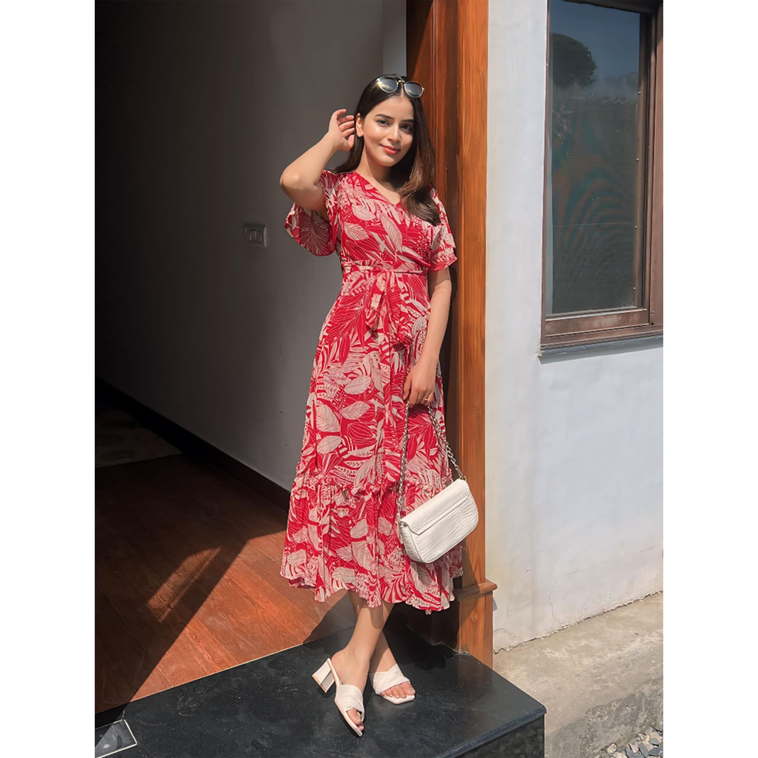 Miss Chase Women's V Neck Flared Sleeve Floral Wrap Maxi Dress (Mcaw21D06-14-224-06, Multicolored-Base-Maroon, Xl)