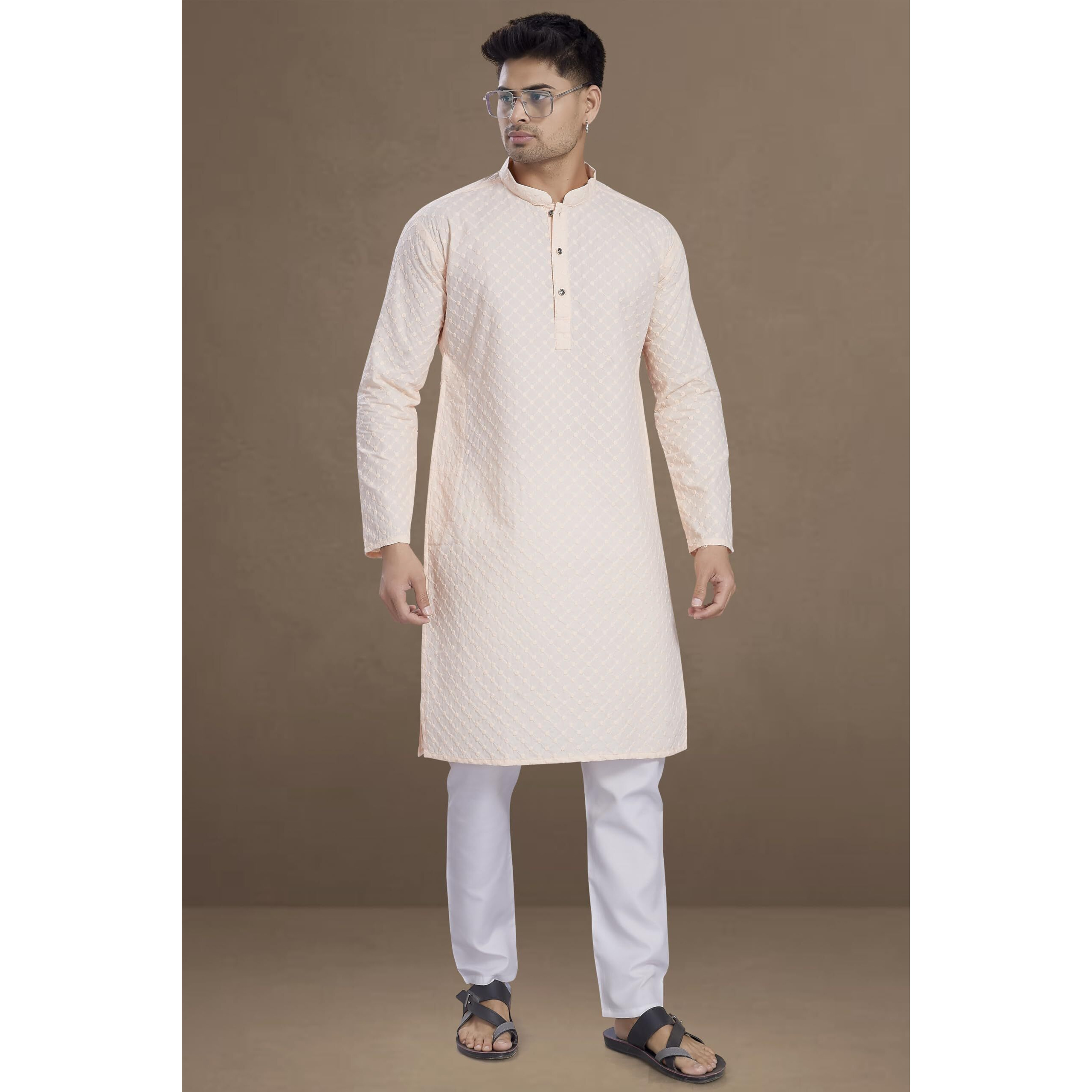 Divisive Men's Thread Embroidered Cotton Only Slim Fit Kurta (Dkrt640_Xxxl_Peach)