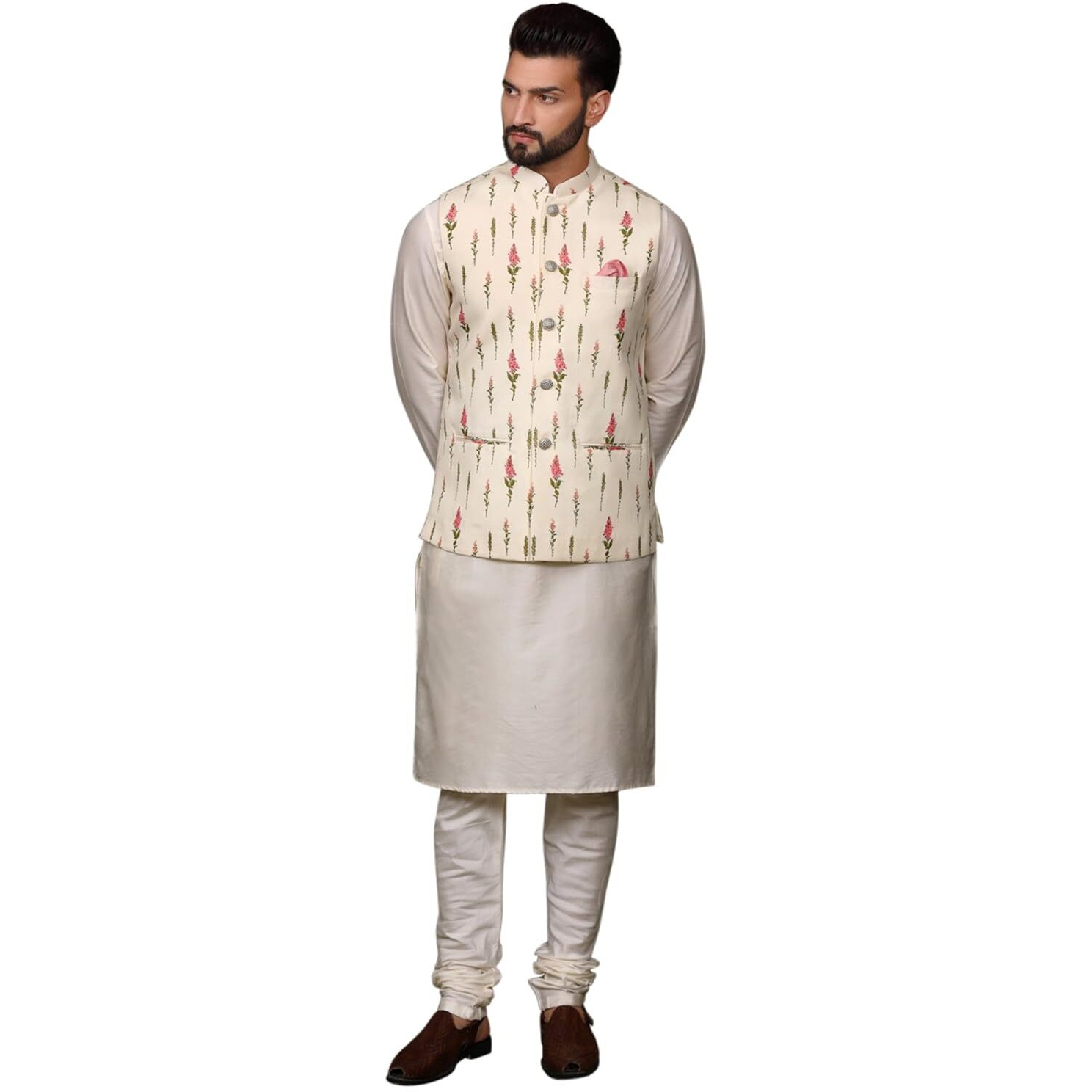 Kisah Men's Ethnic Wear Regular Fit Cotton Blend Printed Pure White Kurta Churidar And Jacket Set (Xl)
