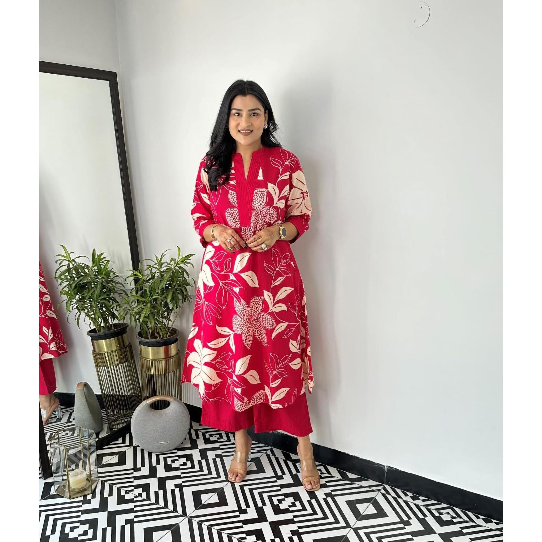 Lookmark Women's Floral Printed Cotton Blend 3/4Th Sleeve Knee Length V-Neck Kurta And Palazzo Set For Women (Az-Lm-Og-Ks2204 Pink-M)