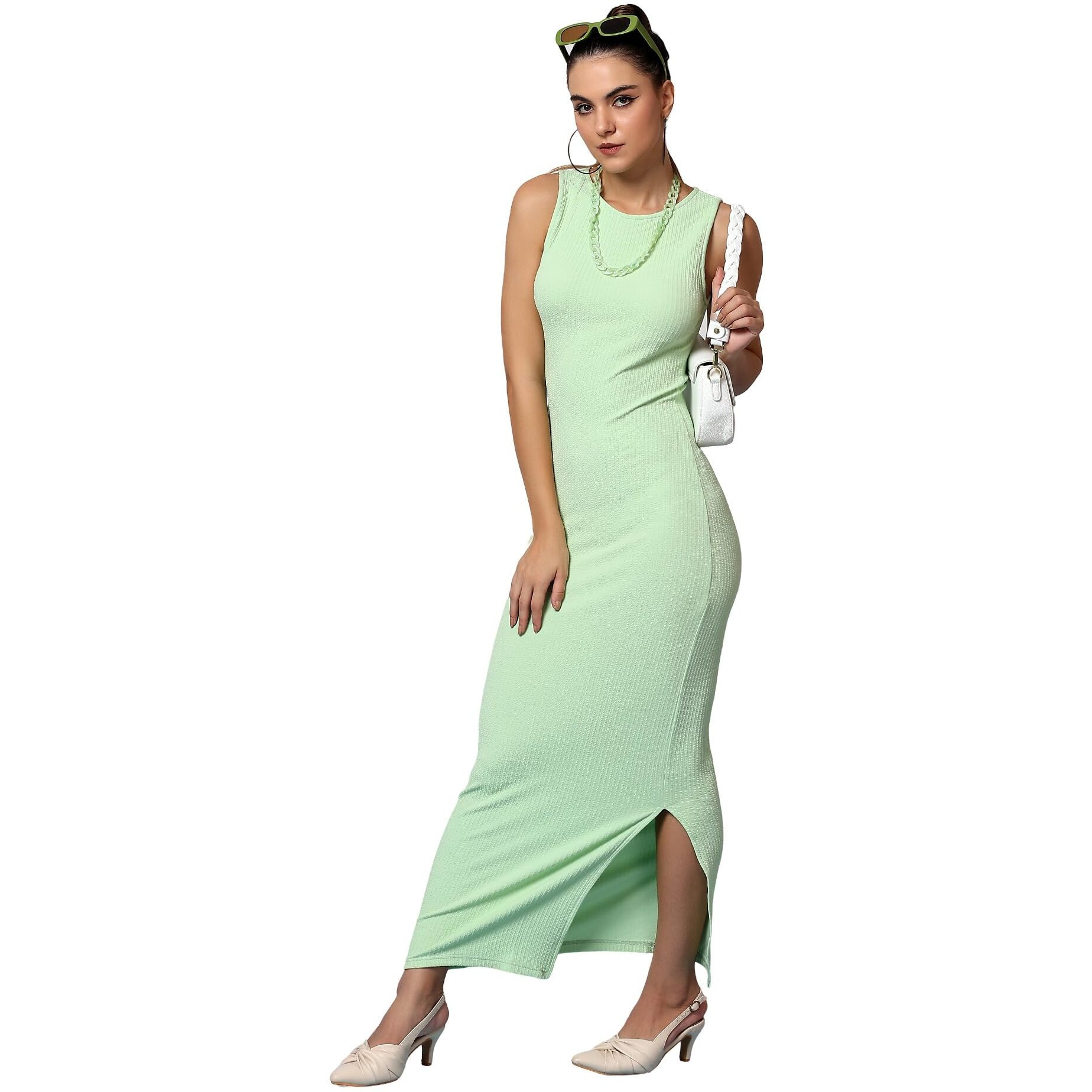 Kotty Women's Solid Sleeveless Maxi Stylish Looking Dress(Green,M)
