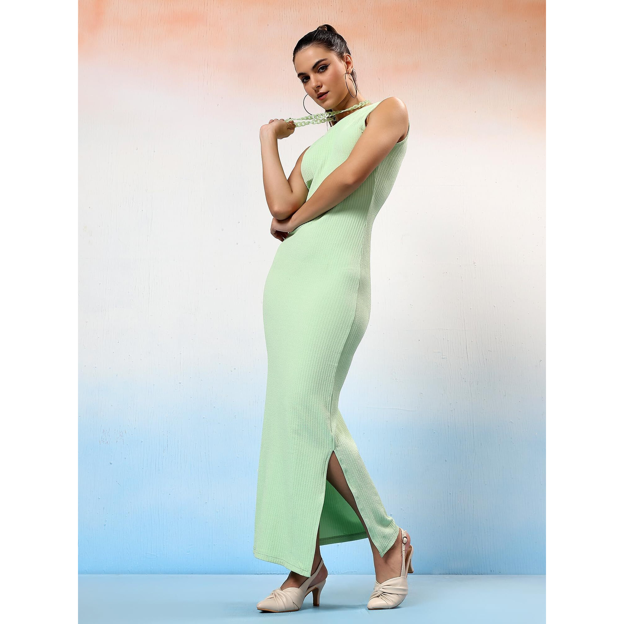 Kotty Women's Solid Sleeveless Maxi Stylish Looking Dress(Green,M)