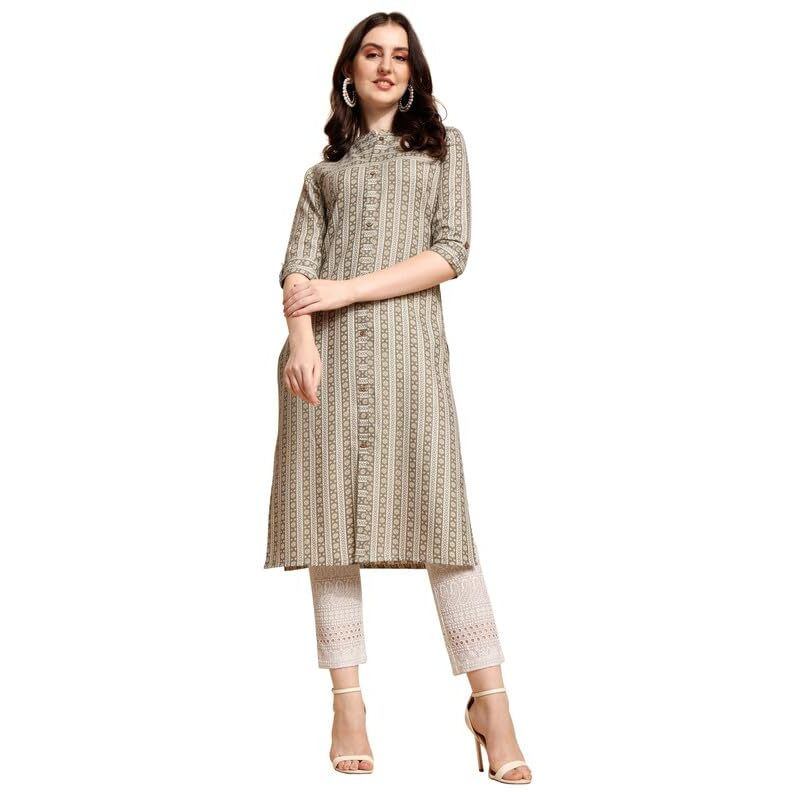 Nainvish Women's Cotton Blend Straight Mandarin/Chinese Neck Printed Kurta (Sd419_K-L._White Green)