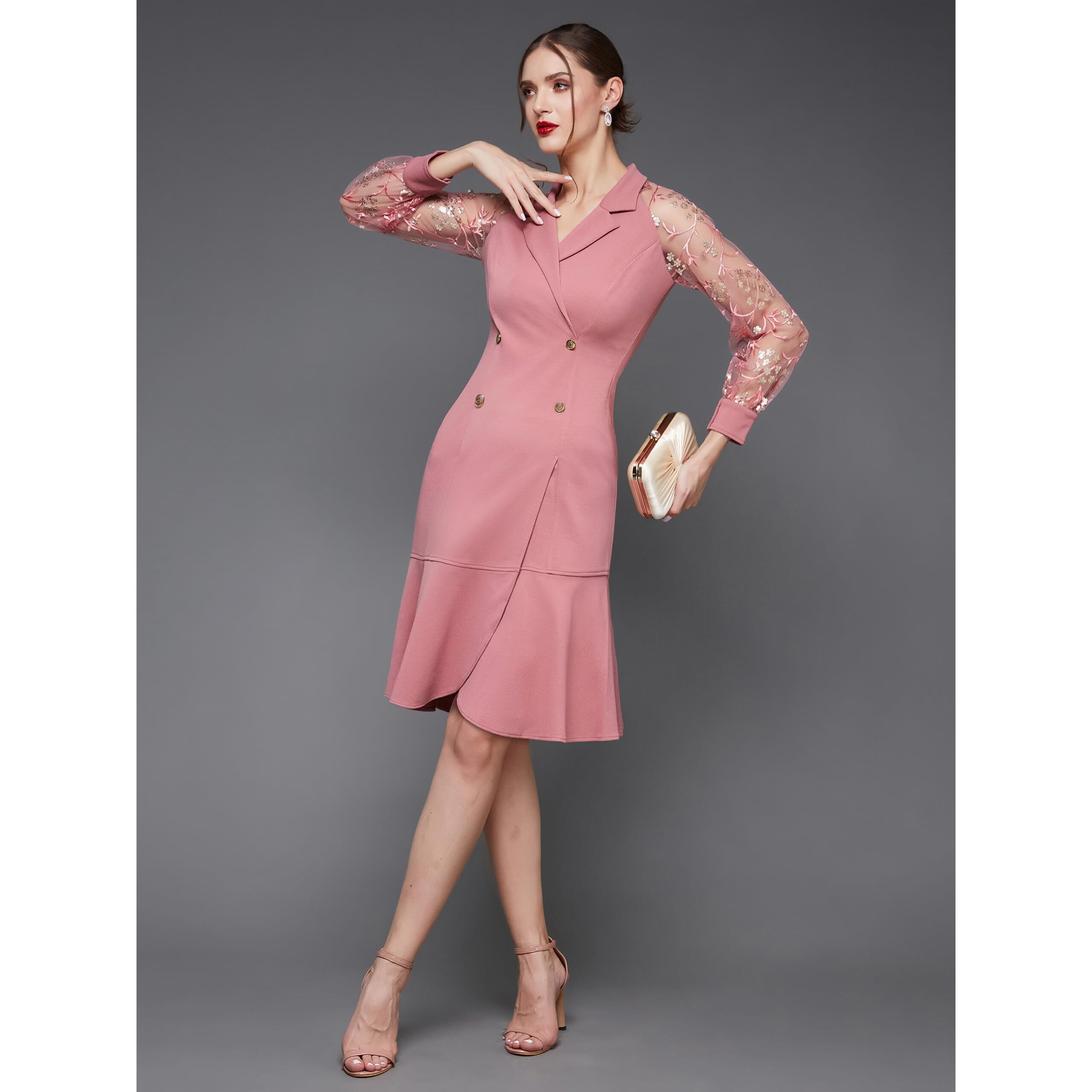 Miss Chase Women's Solid Embroidered Double Breasted Knee Length Dress(Mcss23D98-36-234-03, Pink, S)