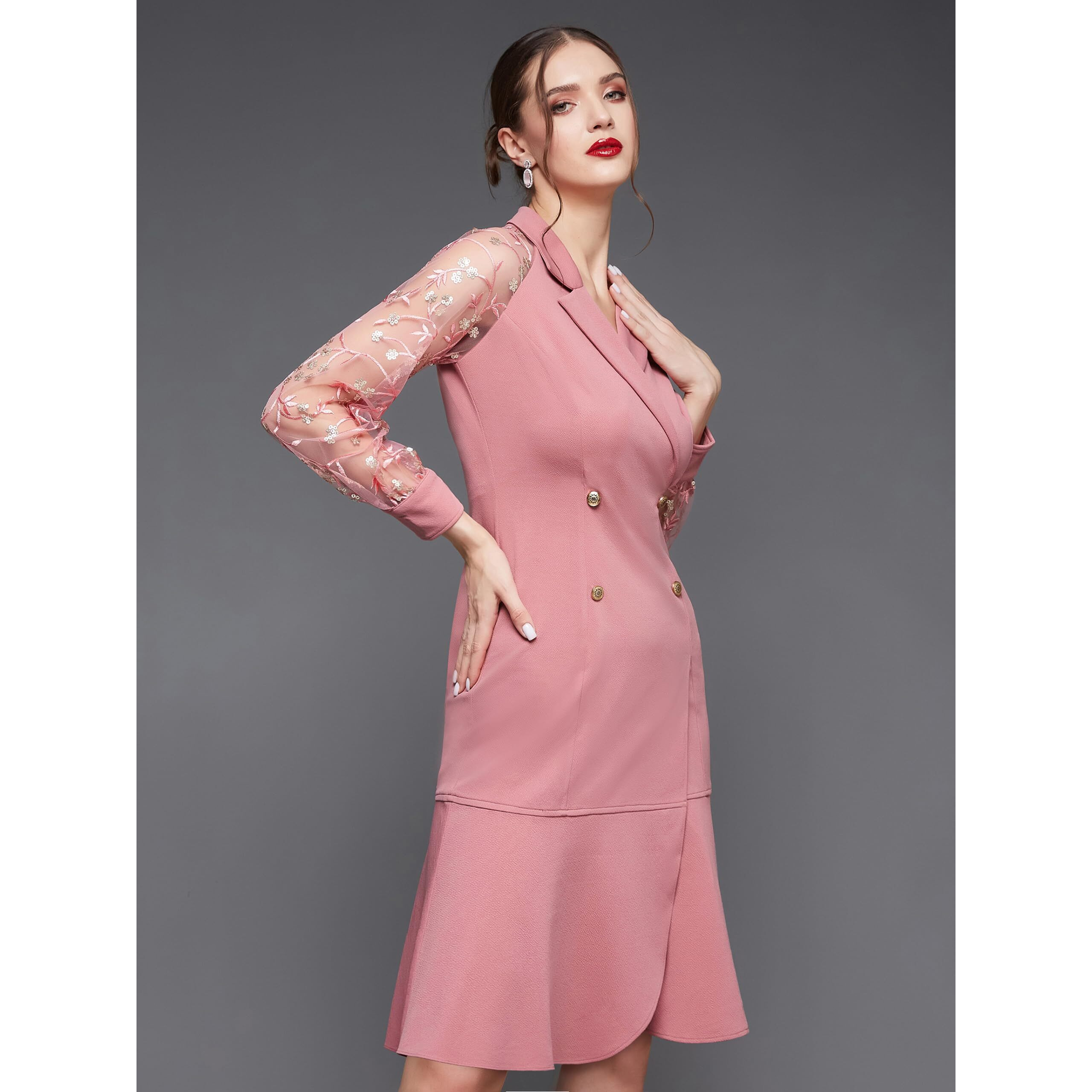 Miss Chase Women's Solid Embroidered Double Breasted Knee Length Dress(Mcss23D98-36-234-03, Pink, S)
