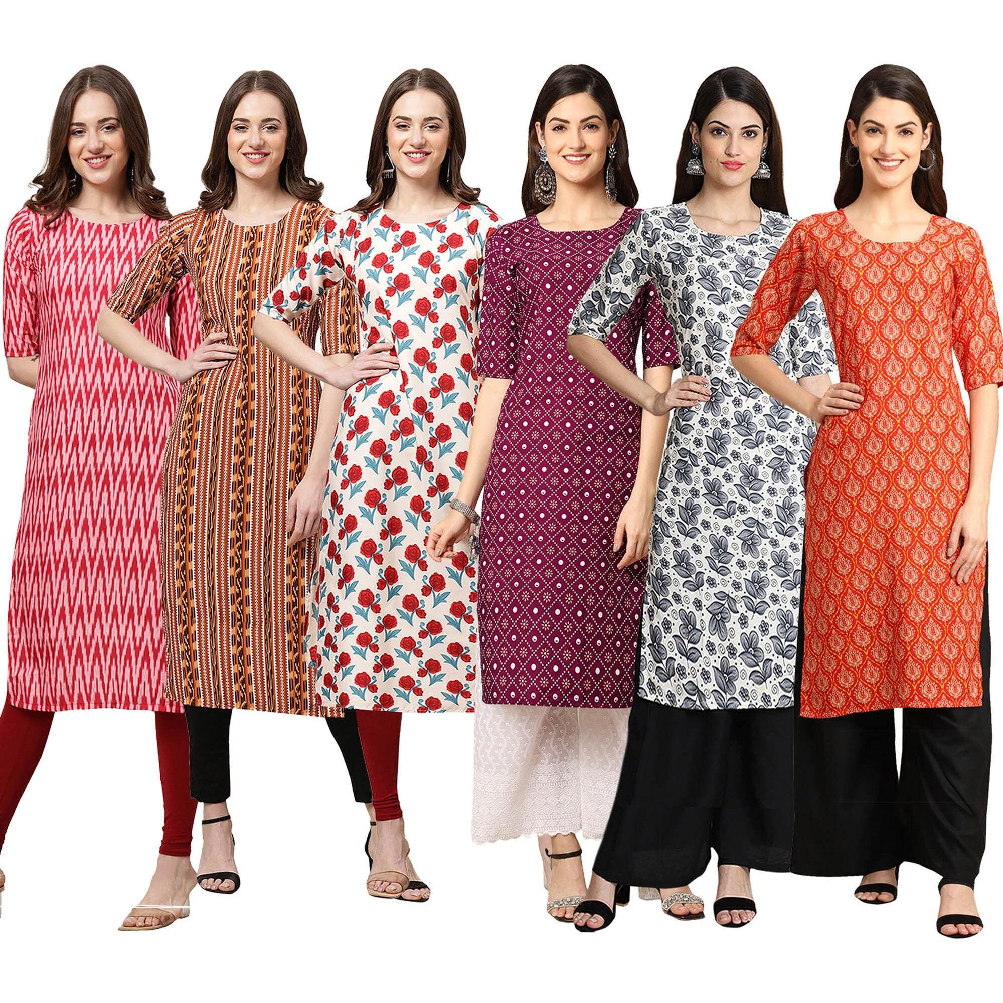 Pinkmint Women's Crepe Digital Print Straight Kurta [Pack Of 6] (Bd-328-344-342-355-357-354-M)