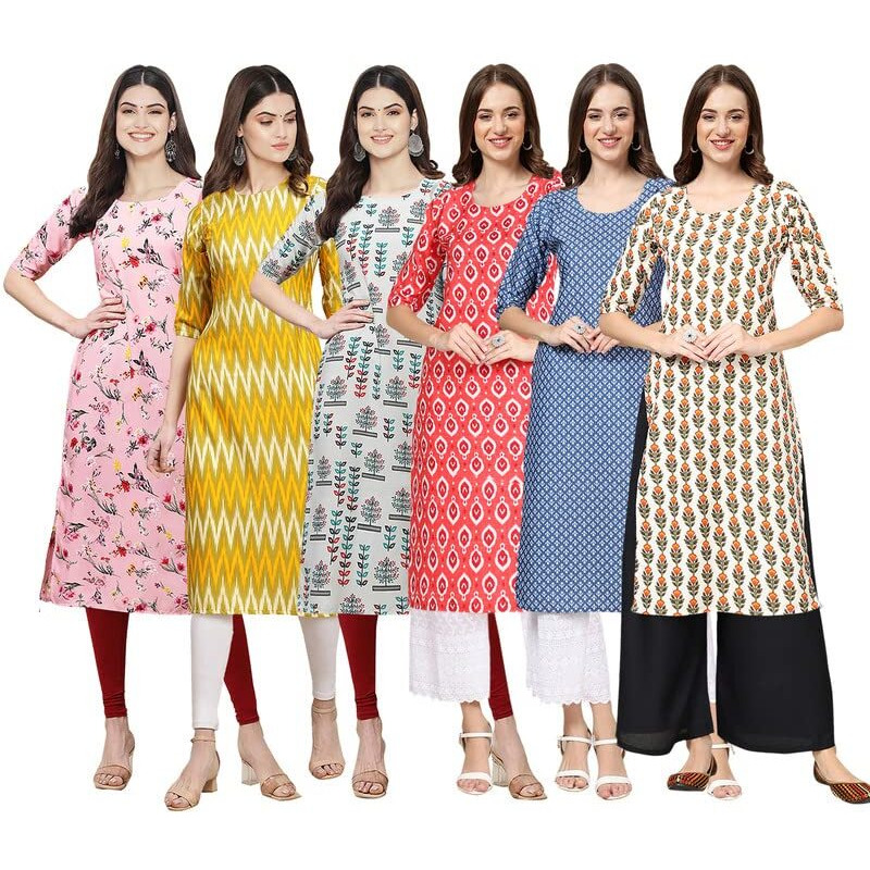 Pinkmint Women's Crepe Digital Print Straight Kurta [Pack Of 6](Qv-339-329-340-346-367-352-Xxl)